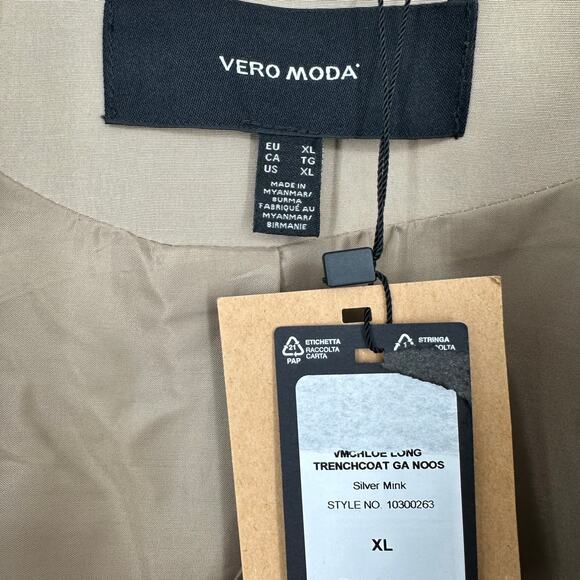 Vero Moda Womens XL Long Trenchcoat Tan Double Breasted Belt Old Money Classic - Picture 9 of 16